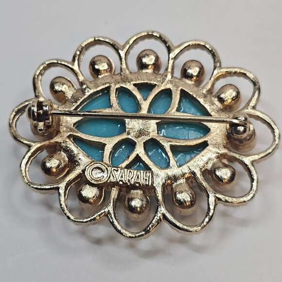 Sarah Coventry Gold Tone Faux Turquoise Pearl Brooch Oval Shape Pin - Picture 2 of 9